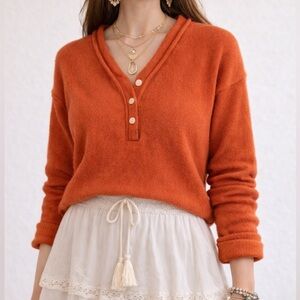 Orange Henley Sweater XL Soft Knit Pullover Cozy Slouchy Fall Sweater